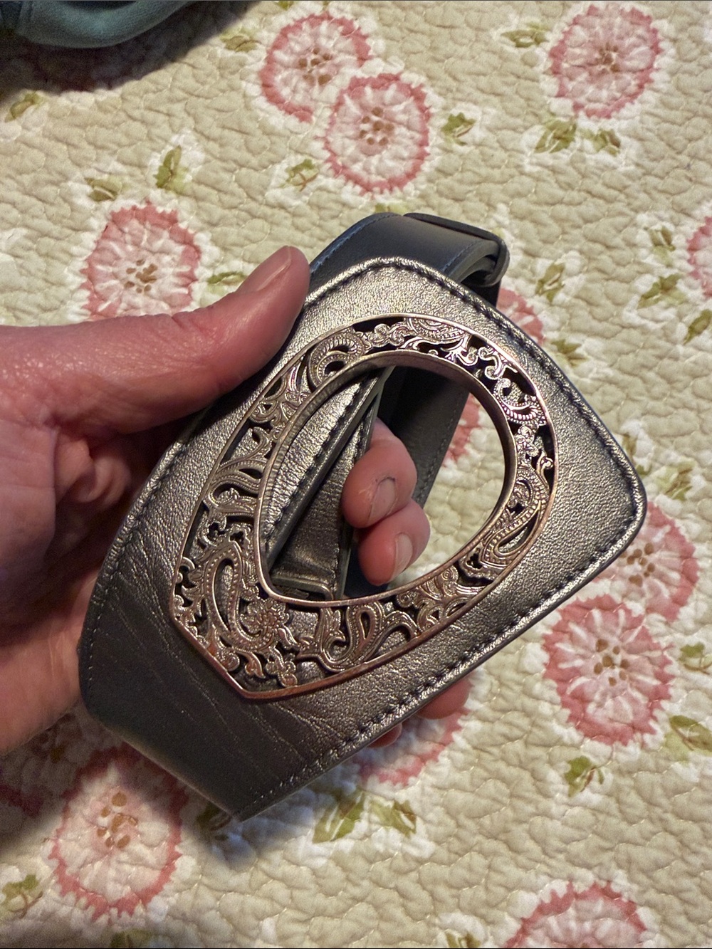 Coldwater Creek Women's Grey Leather Belt with Decorative Metal Buckle